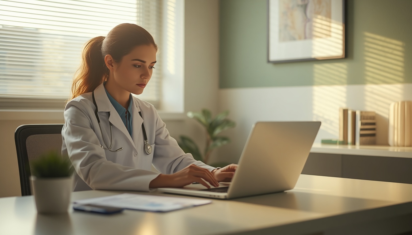 Doctor reviewing health questionnaire before issuing e-prescription